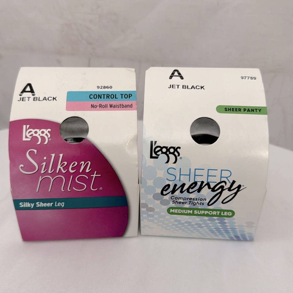 L’Eggs Size A Lot 2-Pantyhose 1-Sheer Energy & 1-Silken Mist Jet Black Pantyhose